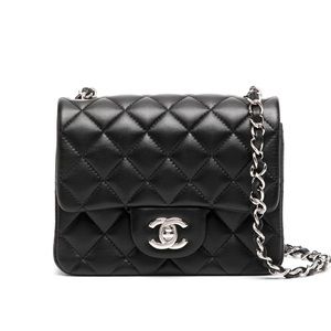 Chanel Timeless Classic Flap Square Black Lambskin Mini Silver Hardware 24C
